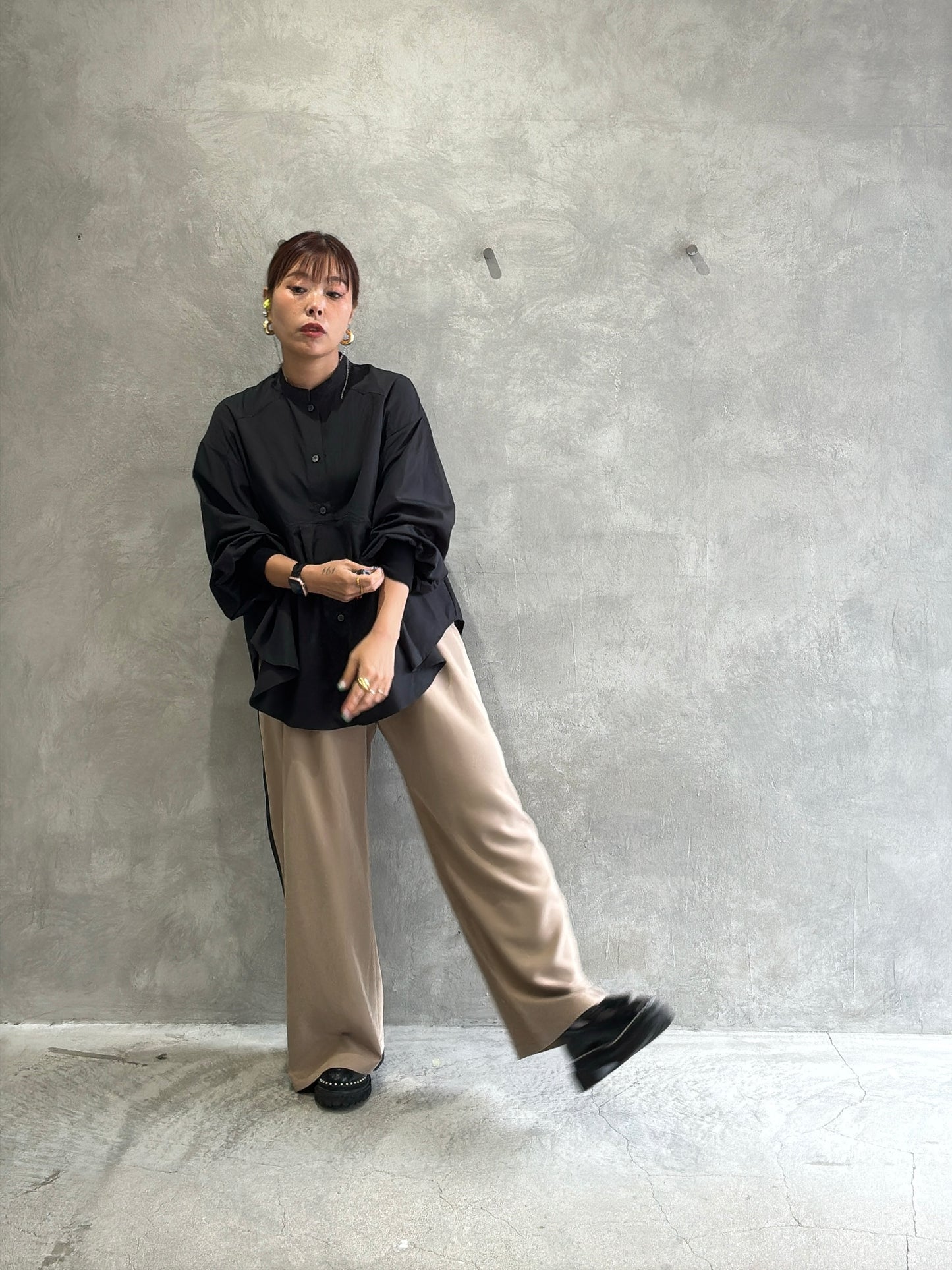 ピーチポプリンサイドテープワイドパンツ／trois