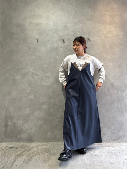 【再入荷】バイカラーフェイクレザージャンパースカート／LHELBIE