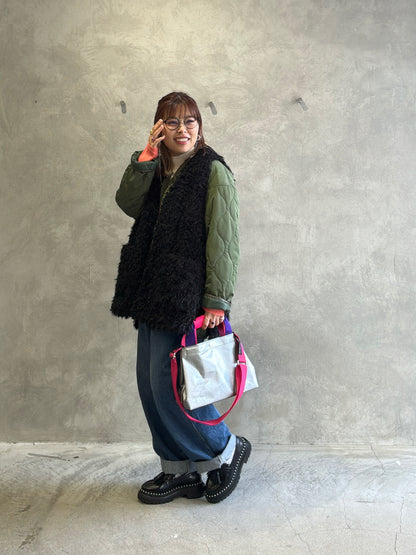 キルティングVネックショートコート／trois