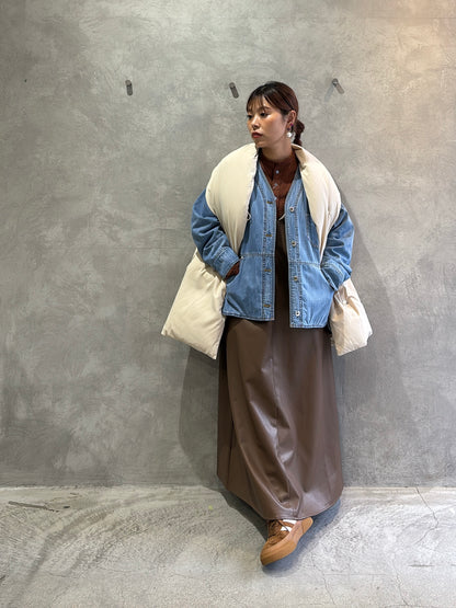 【再入荷】バイカラーフェイクレザージャンパースカート／LHELBIE