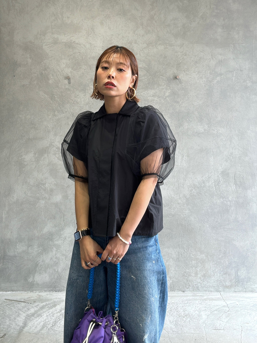 チュールレイヤードパフスリーブブラウス／MARECHAL TERRE