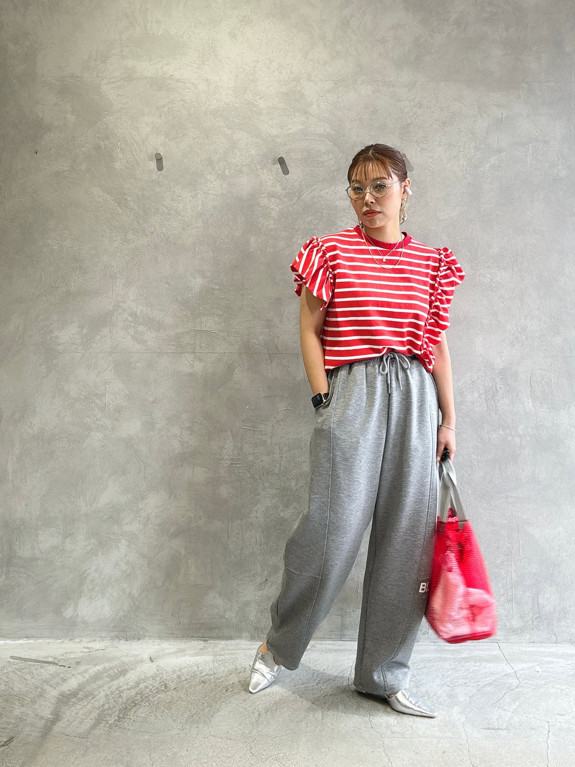 フリルアシメボーダーカットソー／vent blanc